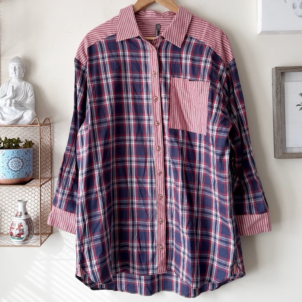 Anthropologie Flannel Boyfriend Buttondown Shirt Plaid Stripe Cotton Size Medium - Picture 2 of 13